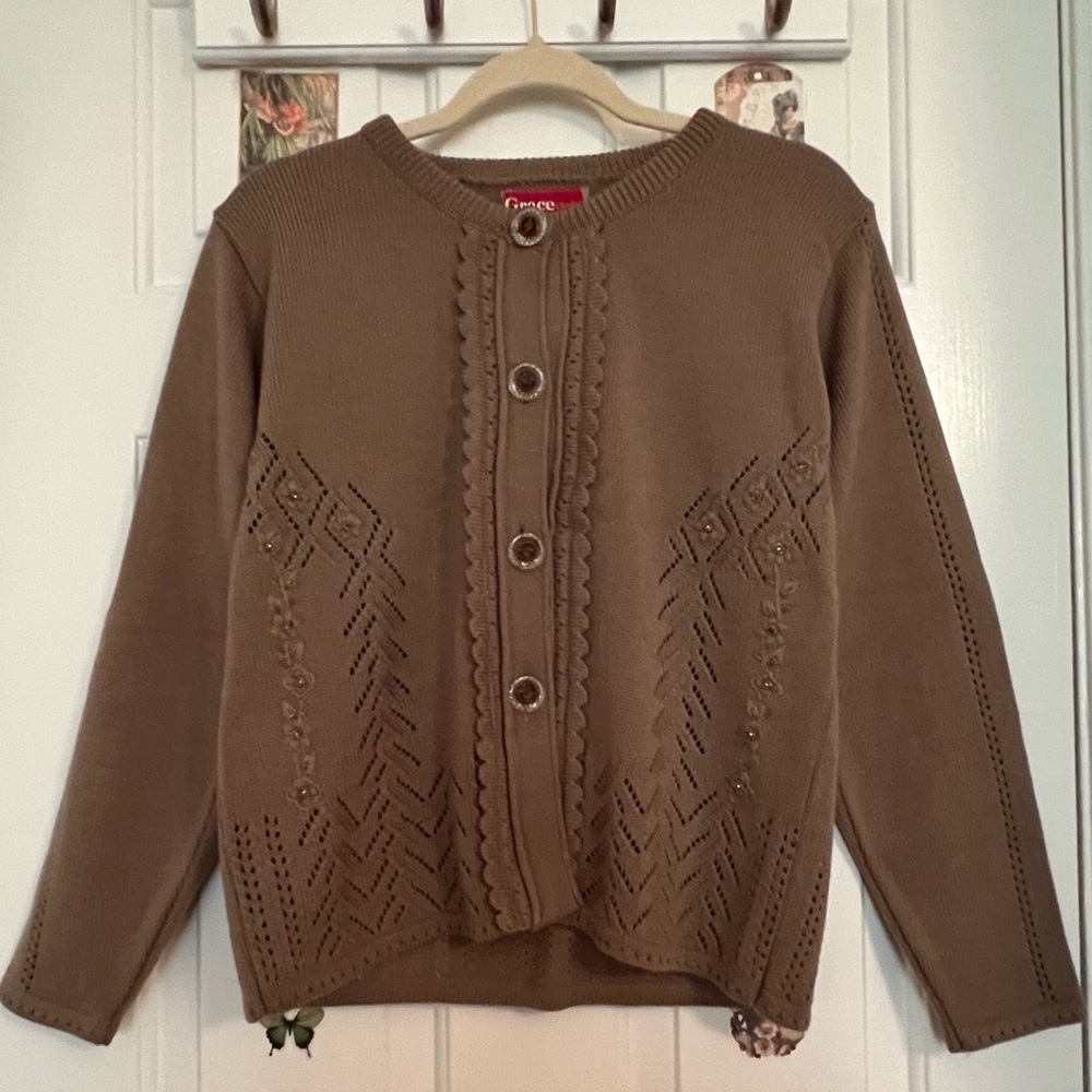 Vintage Green Botton Knit Cardigan/Sweater Beaded Flower | Fairycore Cottagecore